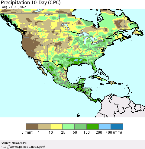 North America Precipitation 10-Day (CPC) Thematic Map For 8/21/2022 - 8/31/2022