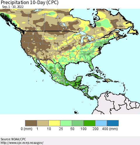 North America Precipitation 10-Day (CPC) Thematic Map For 9/1/2022 - 9/10/2022