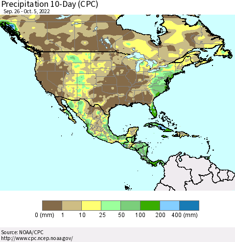 North America Precipitation 10-Day (CPC) Thematic Map For 9/26/2022 - 10/5/2022