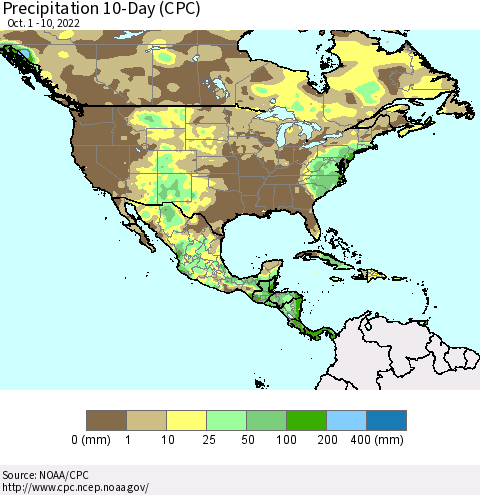 North America Precipitation 10-Day (CPC) Thematic Map For 10/1/2022 - 10/10/2022