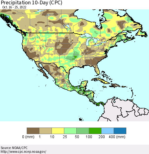 North America Precipitation 10-Day (CPC) Thematic Map For 10/16/2022 - 10/25/2022