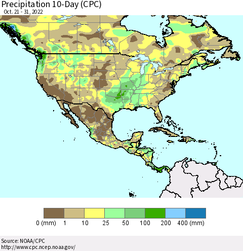 North America Precipitation 10-Day (CPC) Thematic Map For 10/21/2022 - 10/31/2022