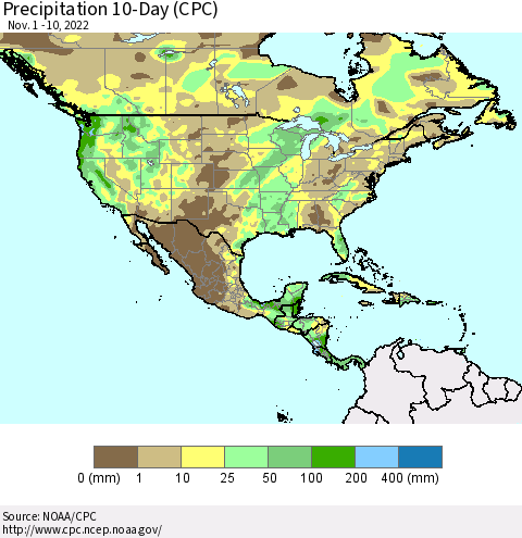North America Precipitation 10-Day (CPC) Thematic Map For 11/1/2022 - 11/10/2022
