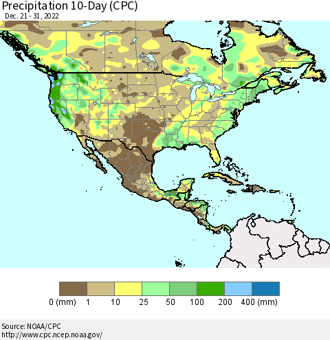 North America Precipitation 10-Day (CPC) Thematic Map For 12/21/2022 - 12/31/2022
