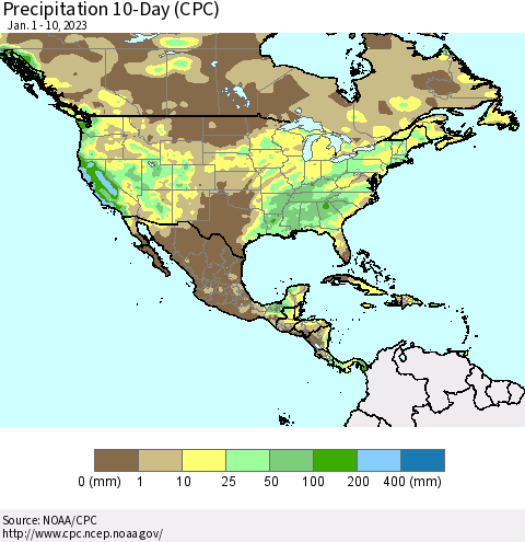 North America Precipitation 10-Day (CPC) Thematic Map For 1/1/2023 - 1/10/2023