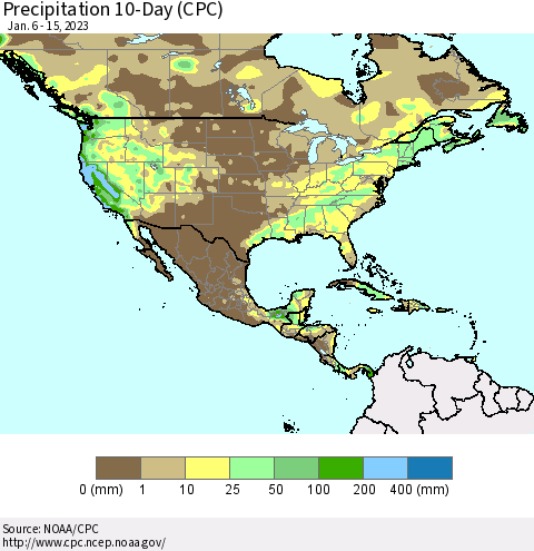 North America Precipitation 10-Day (CPC) Thematic Map For 1/6/2023 - 1/15/2023