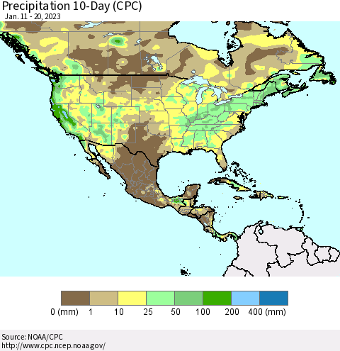 North America Precipitation 10-Day (CPC) Thematic Map For 1/11/2023 - 1/20/2023