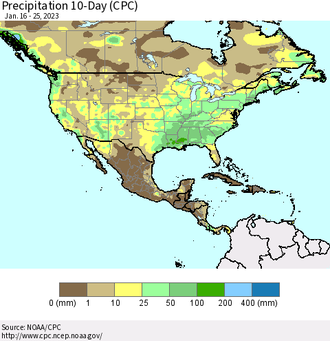 North America Precipitation 10-Day (CPC) Thematic Map For 1/16/2023 - 1/25/2023