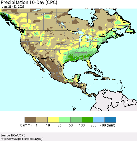 North America Precipitation 10-Day (CPC) Thematic Map For 1/21/2023 - 1/31/2023