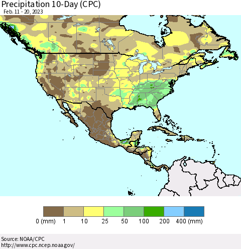North America Precipitation 10-Day (CPC) Thematic Map For 2/11/2023 - 2/20/2023