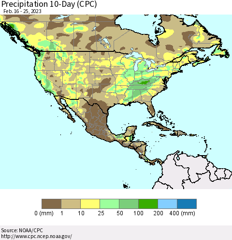 North America Precipitation 10-Day (CPC) Thematic Map For 2/16/2023 - 2/25/2023
