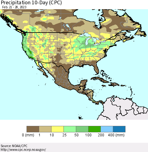 North America Precipitation 10-Day (CPC) Thematic Map For 2/21/2023 - 2/28/2023