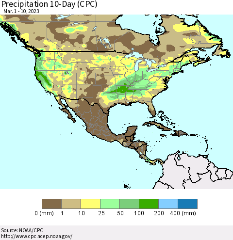 North America Precipitation 10-Day (CPC) Thematic Map For 3/1/2023 - 3/10/2023