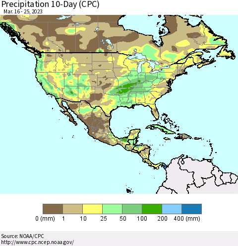 North America Precipitation 10-Day (CPC) Thematic Map For 3/16/2023 - 3/25/2023