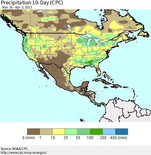 North America Precipitation 10-Day (CPC) Thematic Map For 3/26/2023 - 4/5/2023