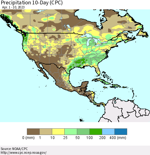 North America Precipitation 10-Day (CPC) Thematic Map For 4/1/2023 - 4/10/2023