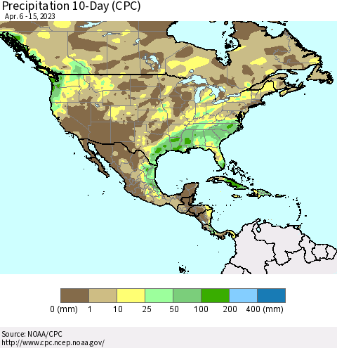 North America Precipitation 10-Day (CPC) Thematic Map For 4/6/2023 - 4/15/2023