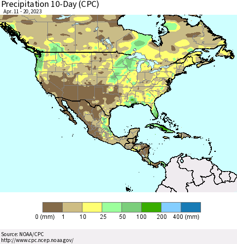 North America Precipitation 10-Day (CPC) Thematic Map For 4/11/2023 - 4/20/2023
