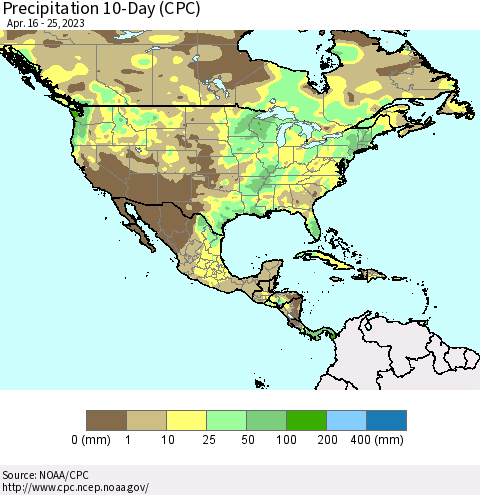 North America Precipitation 10-Day (CPC) Thematic Map For 4/16/2023 - 4/25/2023