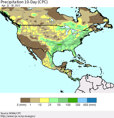 North America Precipitation 10-Day (CPC) Thematic Map For 4/21/2023 - 4/30/2023