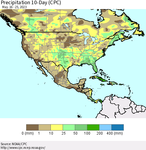 North America Precipitation 10-Day (CPC) Thematic Map For 5/16/2023 - 5/25/2023