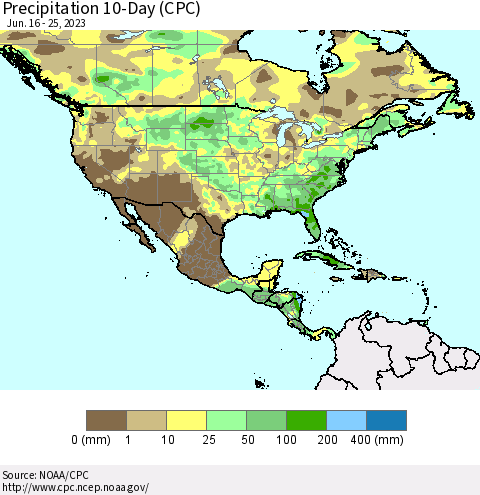 North America Precipitation 10-Day (CPC) Thematic Map For 6/16/2023 - 6/25/2023