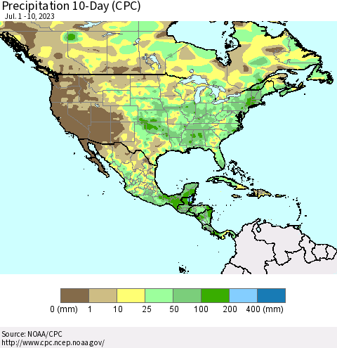 North America Precipitation 10-Day (CPC) Thematic Map For 7/1/2023 - 7/10/2023