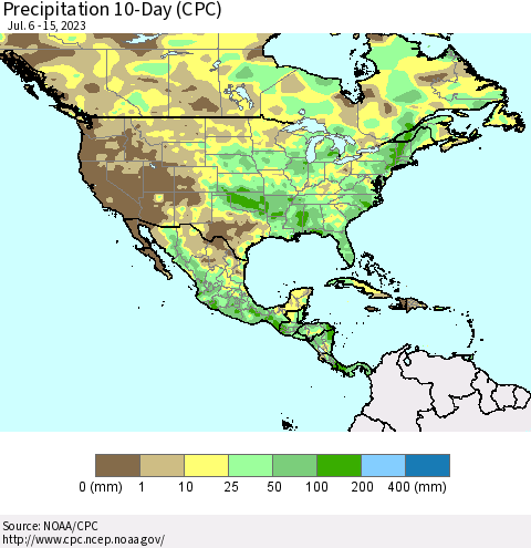 North America Precipitation 10-Day (CPC) Thematic Map For 7/6/2023 - 7/15/2023