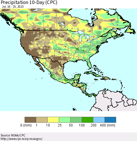 North America Precipitation 10-Day (CPC) Thematic Map For 7/16/2023 - 7/25/2023