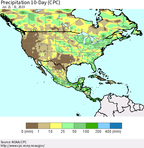 North America Precipitation 10-Day (CPC) Thematic Map For 7/21/2023 - 7/31/2023