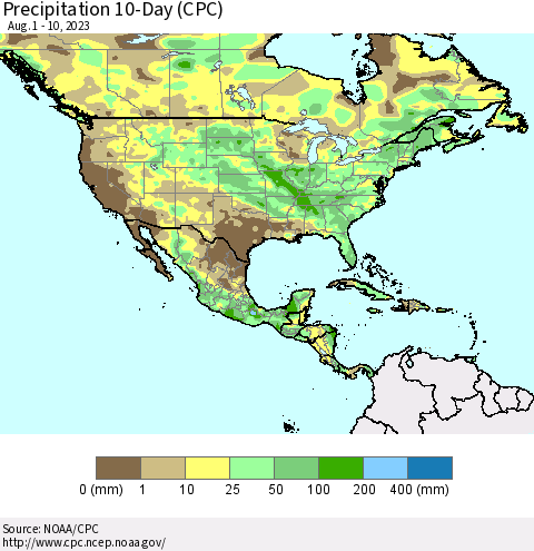 North America Precipitation 10-Day (CPC) Thematic Map For 8/1/2023 - 8/10/2023