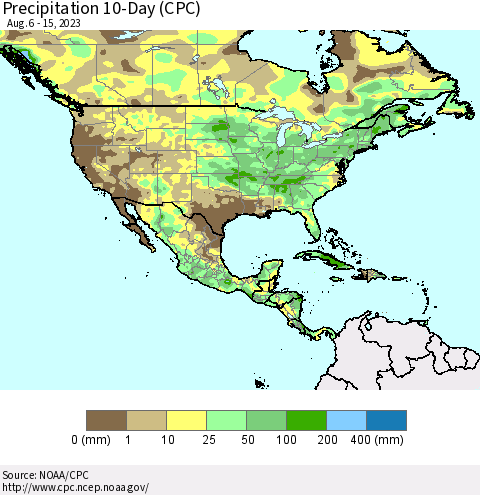 North America Precipitation 10-Day (CPC) Thematic Map For 8/6/2023 - 8/15/2023