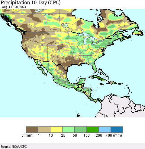 North America Precipitation 10-Day (CPC) Thematic Map For 8/11/2023 - 8/20/2023