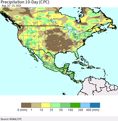 North America Precipitation 10-Day (CPC) Thematic Map For 8/16/2023 - 8/25/2023