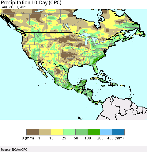 North America Precipitation 10-Day (CPC) Thematic Map For 8/21/2023 - 8/31/2023