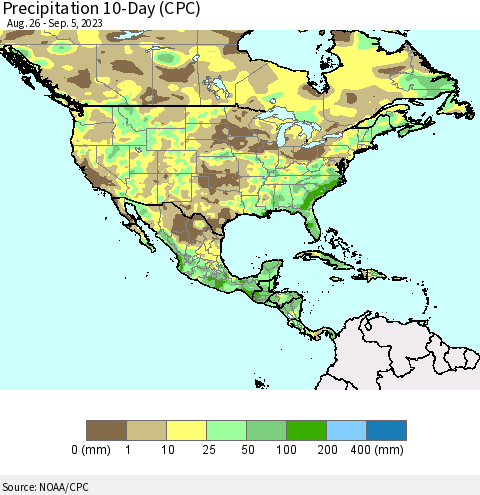 North America Precipitation 10-Day (CPC) Thematic Map For 8/26/2023 - 9/5/2023