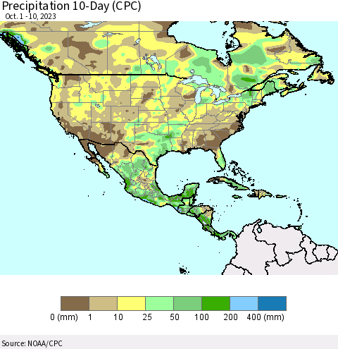 North America Precipitation 10-Day (CPC) Thematic Map For 10/1/2023 - 10/10/2023