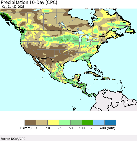 North America Precipitation 10-Day (CPC) Thematic Map For 10/11/2023 - 10/20/2023