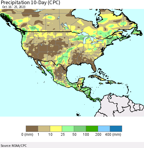 North America Precipitation 10-Day (CPC) Thematic Map For 10/16/2023 - 10/25/2023