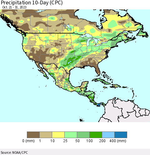 North America Precipitation 10-Day (CPC) Thematic Map For 10/21/2023 - 10/31/2023