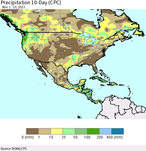 North America Precipitation 10-Day (CPC) Thematic Map For 11/1/2023 - 11/10/2023