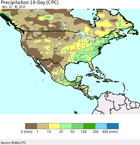 North America Precipitation 10-Day (CPC) Thematic Map For 11/21/2023 - 11/30/2023