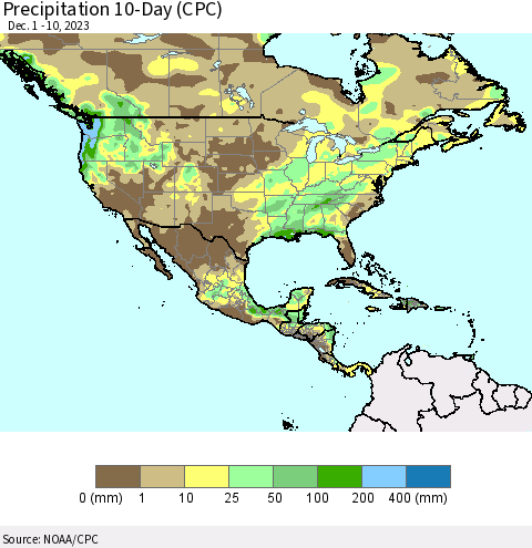 North America Precipitation 10-Day (CPC) Thematic Map For 12/1/2023 - 12/10/2023