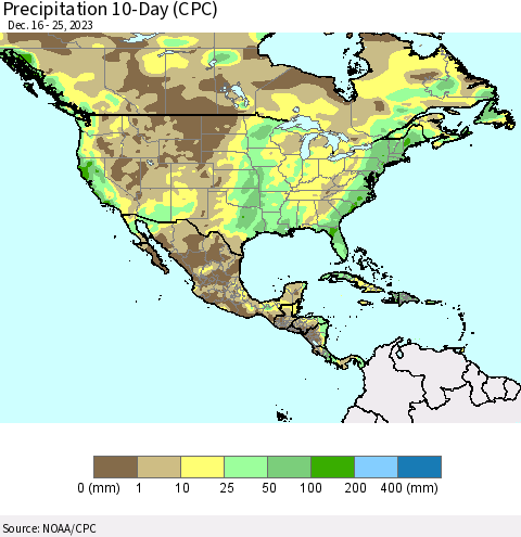 North America Precipitation 10-Day (CPC) Thematic Map For 12/16/2023 - 12/25/2023