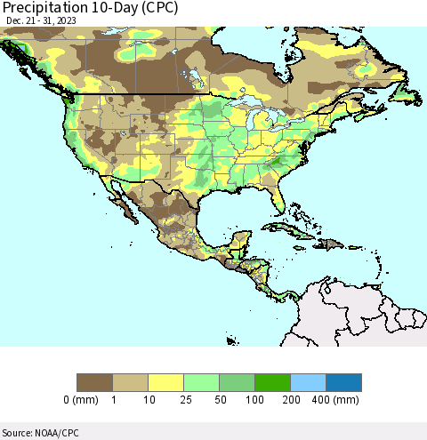North America Precipitation 10-Day (CPC) Thematic Map For 12/21/2023 - 12/31/2023