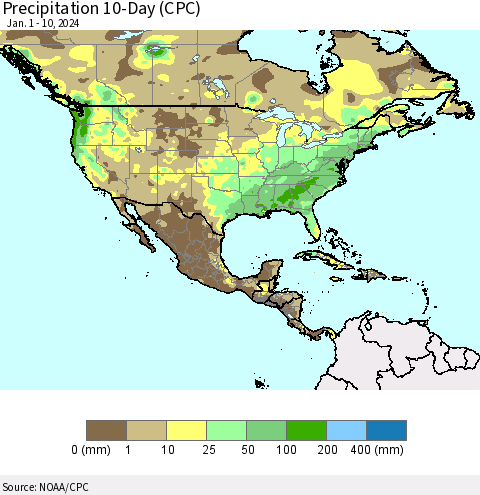 North America Precipitation 10-Day (CPC) Thematic Map For 1/1/2024 - 1/10/2024