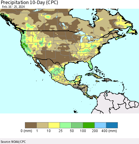 North America Precipitation 10-Day (CPC) Thematic Map For 2/16/2024 - 2/25/2024