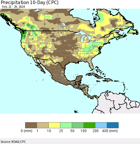 North America Precipitation 10-Day (CPC) Thematic Map For 2/21/2024 - 2/29/2024