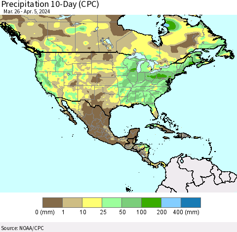 North America Precipitation 10-Day (CPC) Thematic Map For 3/26/2024 - 4/5/2024