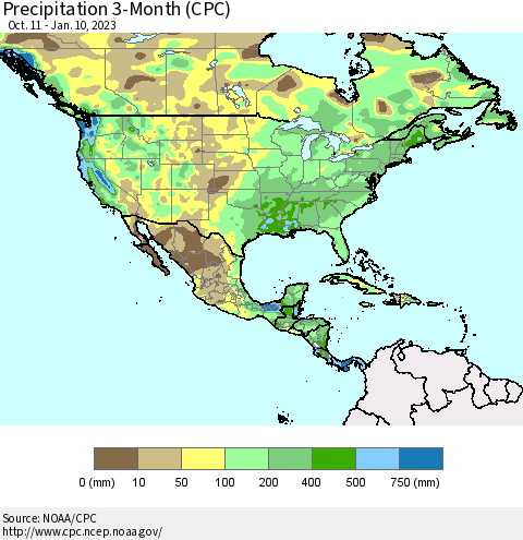 North America Precipitation 3-Month (CPC) Thematic Map For 10/11/2022 - 1/10/2023